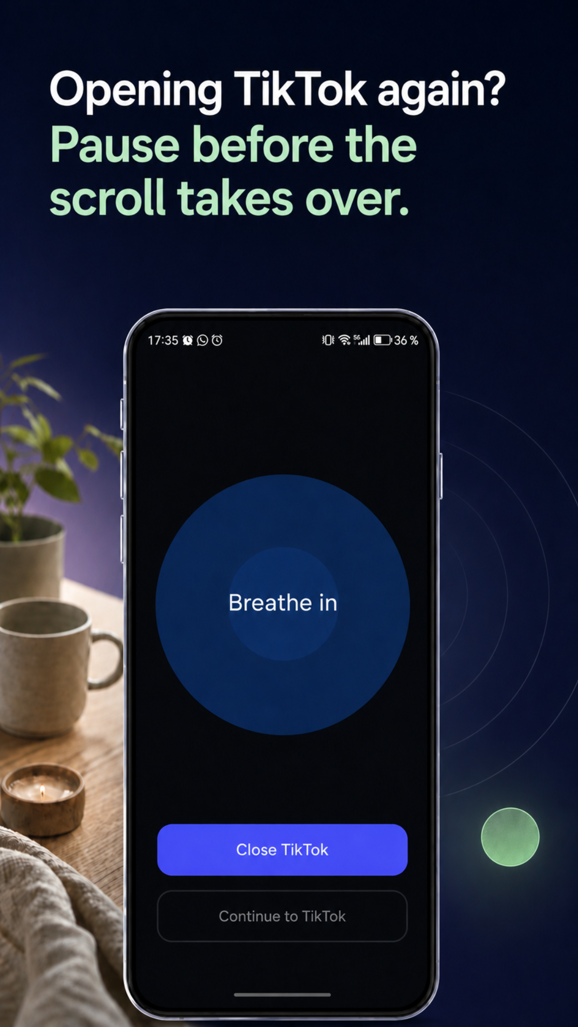 LoopCut asks the user to pause before opening a distracting app.